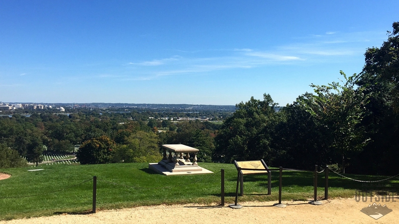 From the steps of Arlington House visitors can see this view down onto the cemetery and out over Washington, D.C.